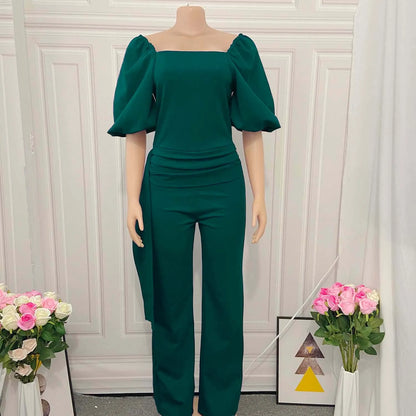 Elegant Square Neck Lantern Sleeve Big Swing Straight Jumpsuit