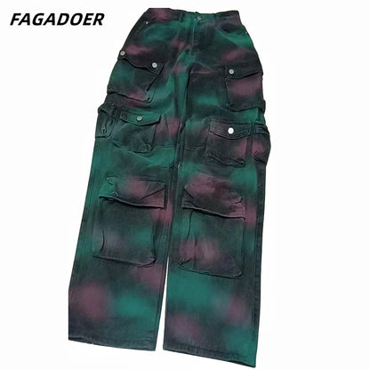 Fashion Tie Dye Print Pocket Denim Cargo Pant