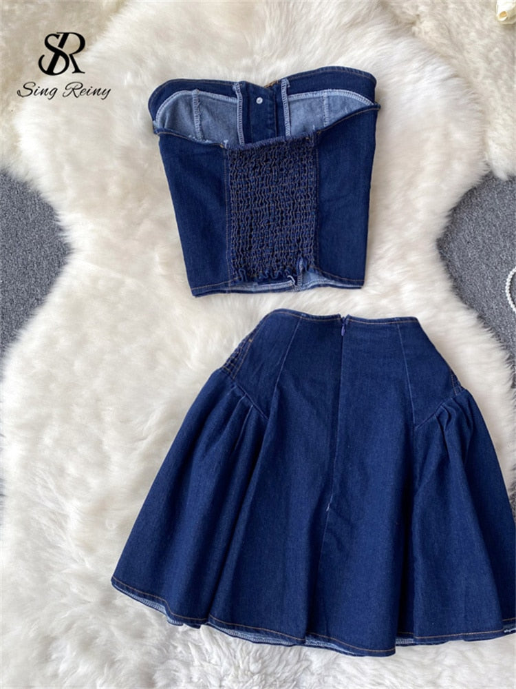 Denim Strapless Sexy Top+ Short A Line Skirt Set