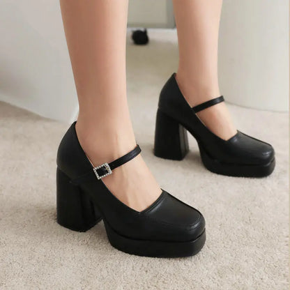 Square Closed Toe Platform Mary Janes Chunky High Heels Pump