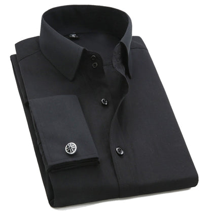 French Cuff Button Long Sleeve Slim Fit Dress Shirt for Men