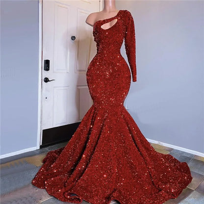 Mermaid Velvet Sparkly Glitter Sequin One Shoulder Formal Gown