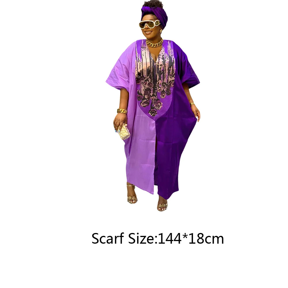 Satin Loose Boubou Robe with Head tie