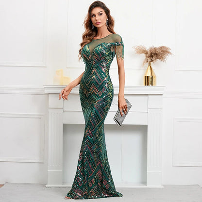 illusion Mesh Sequin Evening Dress