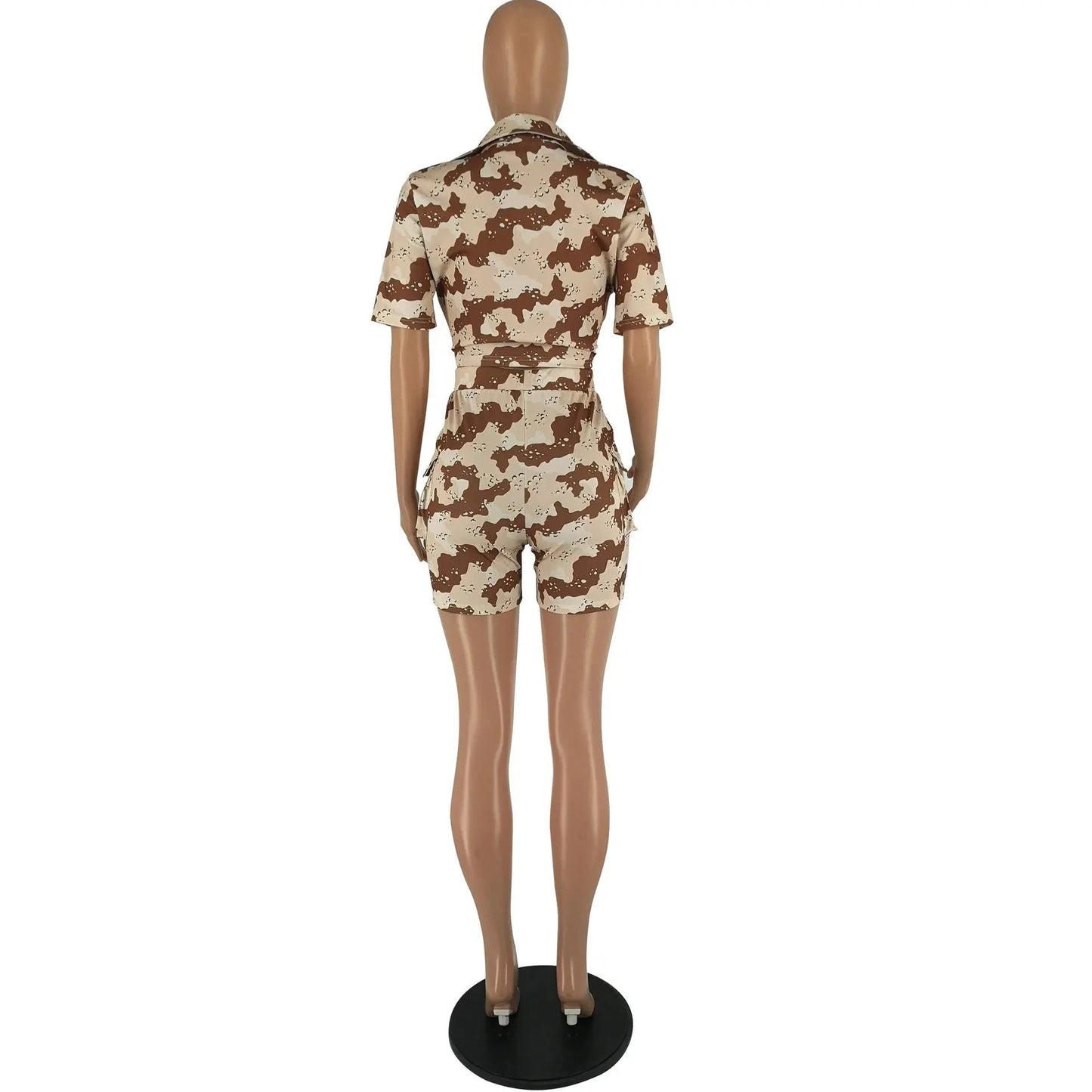 Camouflage Short Sleeve Bandage Crop Top + Short Tracksuit