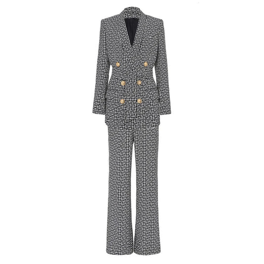 Elegant Vintage Geometrical Pattern 2PCS Blazer Suit