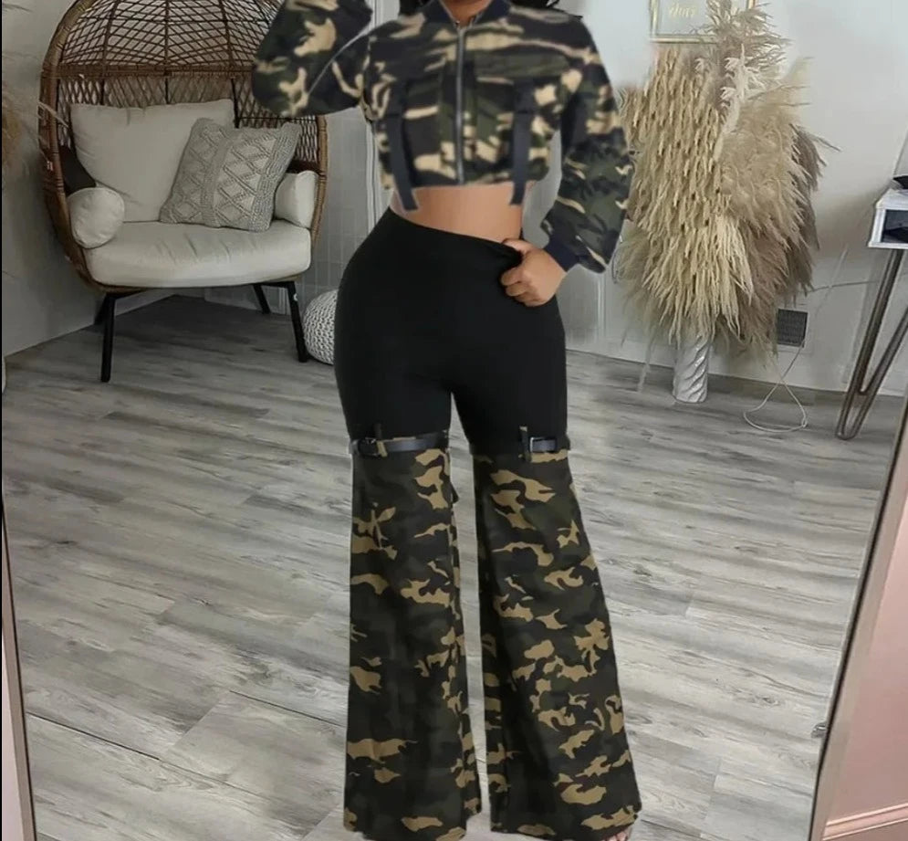 Fashion Camouflage Printing Denim Flared Pants Two Piece Set