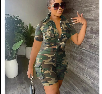 Camouflage Short Sleeve Bandage Crop Top + Short Tracksuit