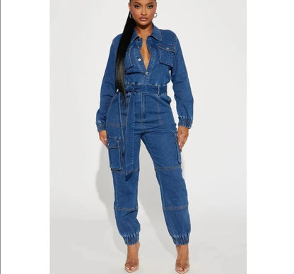 Denim Pockets Cargo Jumpsuits