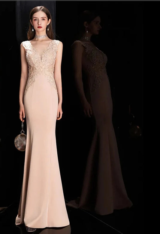 Elegant Mermaid V Neck Long Evening Dress with Appliques Beads