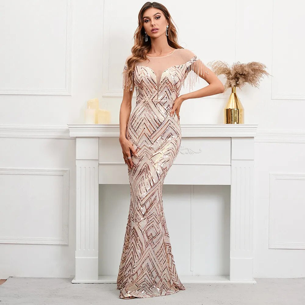 illusion Mesh Sequin Evening Dress