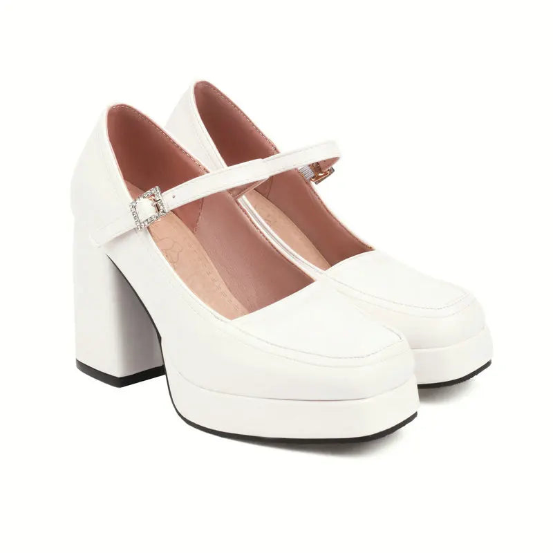 Square Closed Toe Platform Mary Janes Chunky High Heels Pump