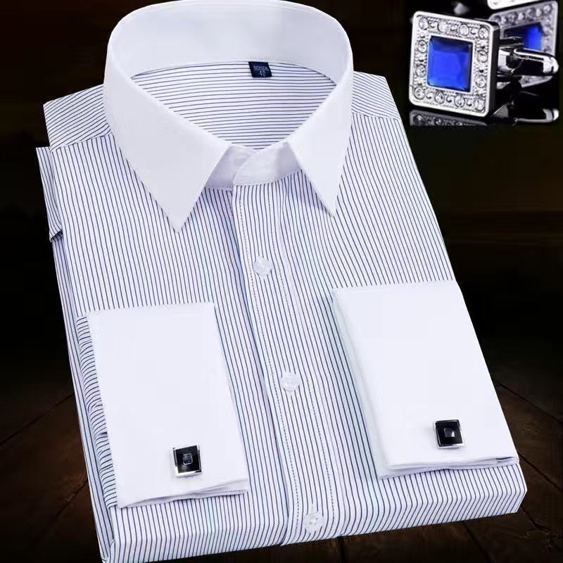 French Cuff Button Long Sleeve Slim Fit Dress Shirt for Men