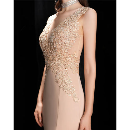 Elegant Mermaid V Neck Long Evening Dress with Appliques Beads