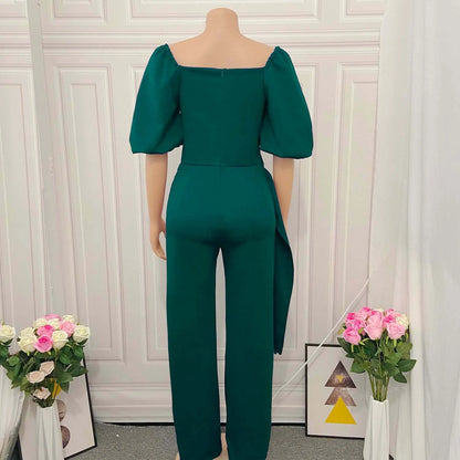 Elegant Square Neck Lantern Sleeve Big Swing Straight Jumpsuit