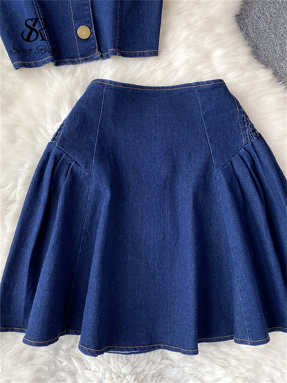 Denim Strapless Sexy Top+ Short A Line Skirt Set