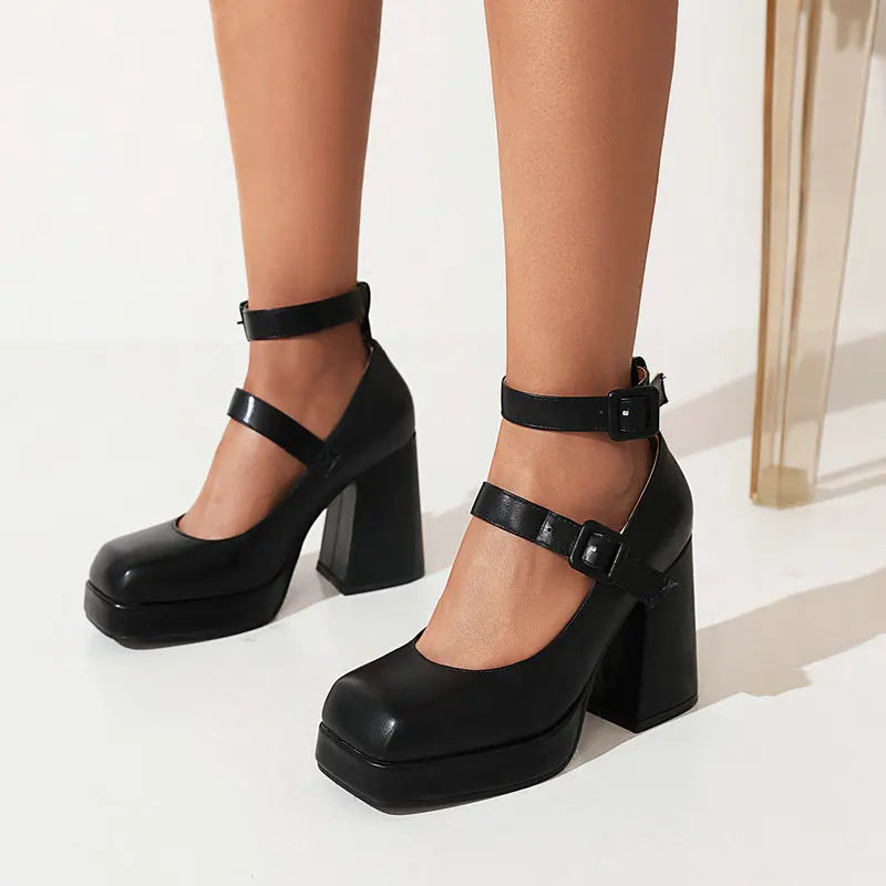 PU and Velvet Square Toe Double Buckle Strap Platform Mary Janes Stiletto Chunky High Heels