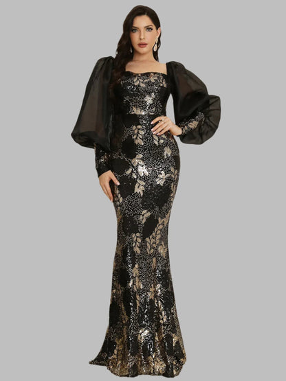 Elegant Black Print Sequin Evening Dress