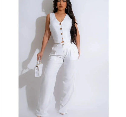 Elegant Wide Leg Pants V Neck Sleeveless Button Top Outfits