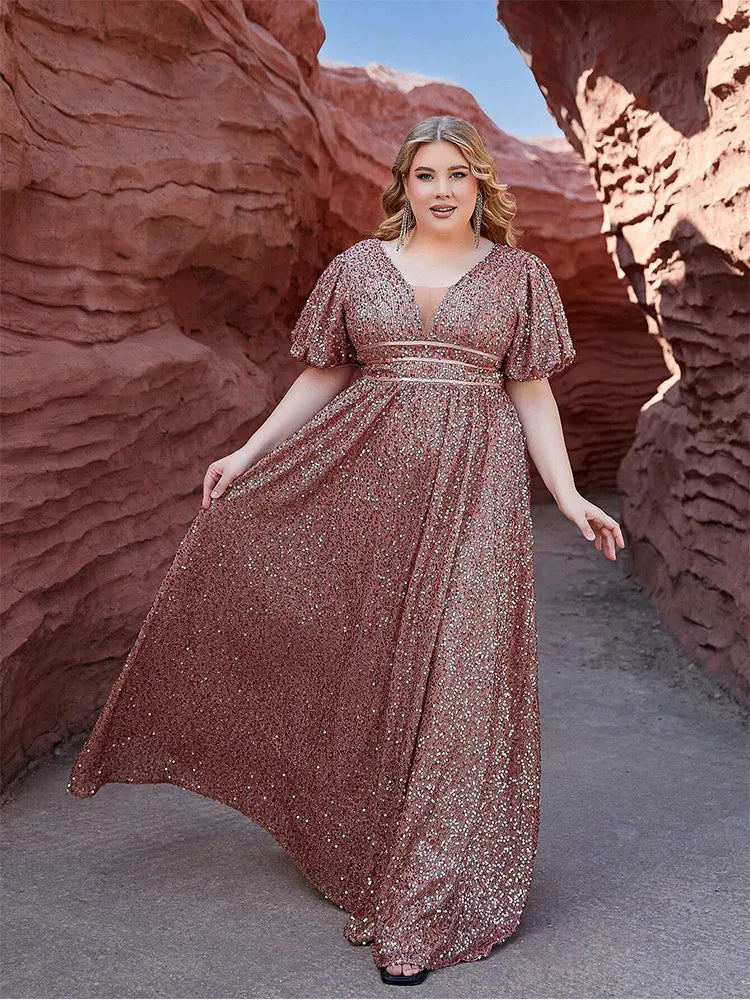 Plus Size V-Neck Short Sleeve Sequin Floor-Length Evening Dress