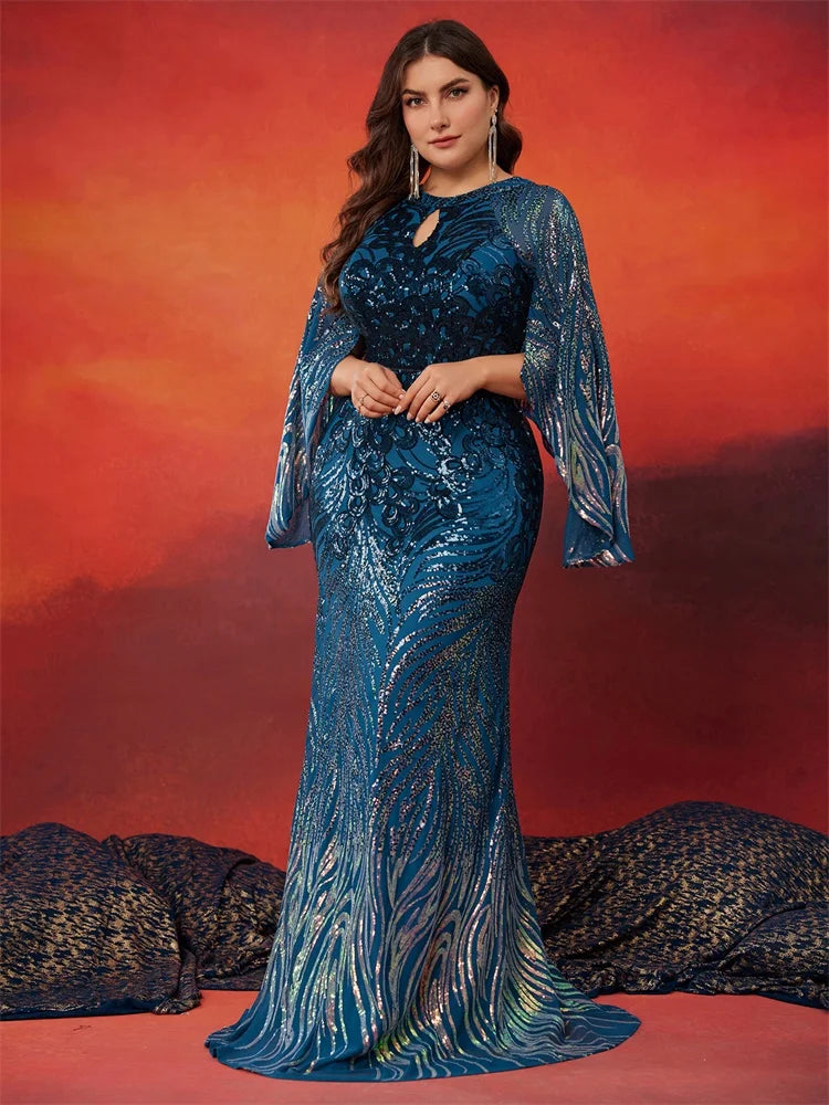 Plus Size Elegant Long Sleeves Sequins Blue Evening Dress