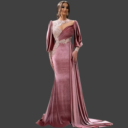 Dubai Mermaid Lace Applique Velvet Formal Gown