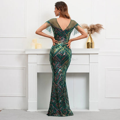 illusion Mesh Sequin Evening Dress