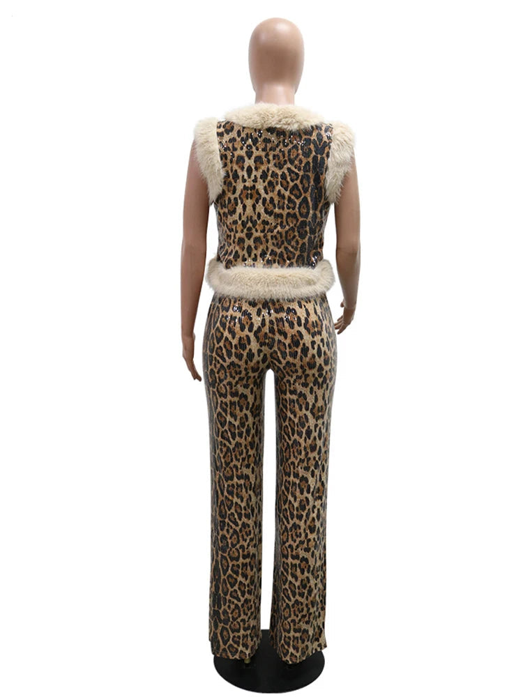 Sparkle Sequin Furry 2 Piece Pants Set