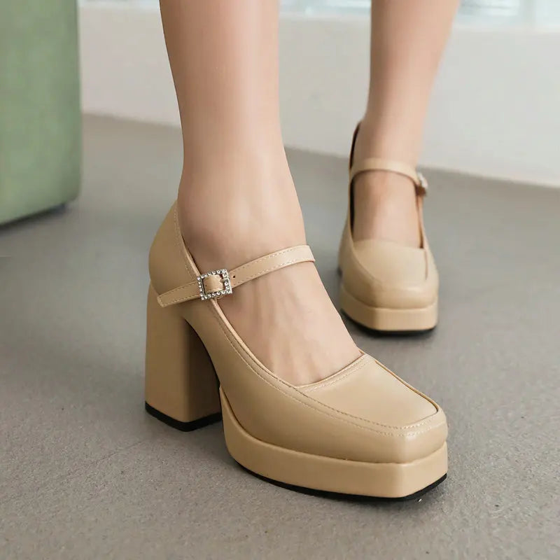 Square Closed Toe Platform Mary Janes Chunky High Heels Pump