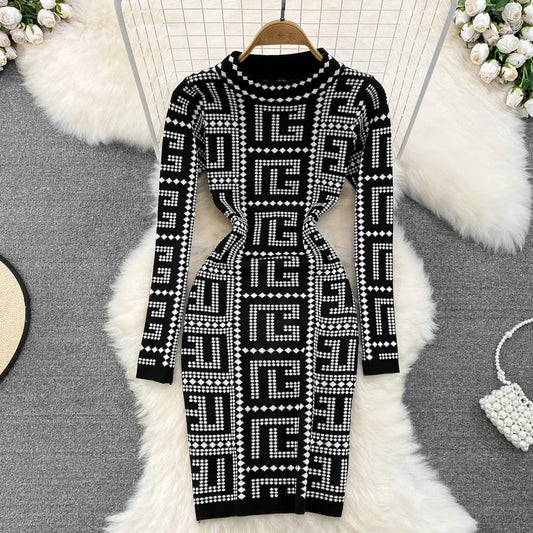 High Grade Fashion Geometric Knitted Sweater Dress