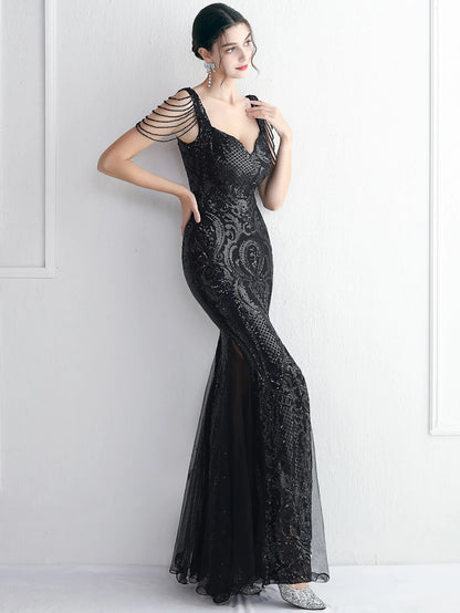 Sexy black mesh sequin maxi dress