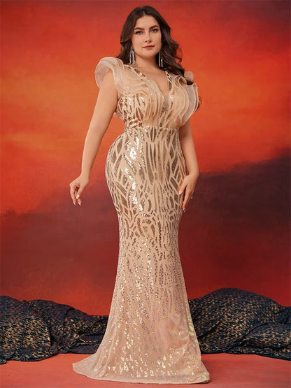 Plus Size Luxury Long Mermaid Sequins Cocktail Gown