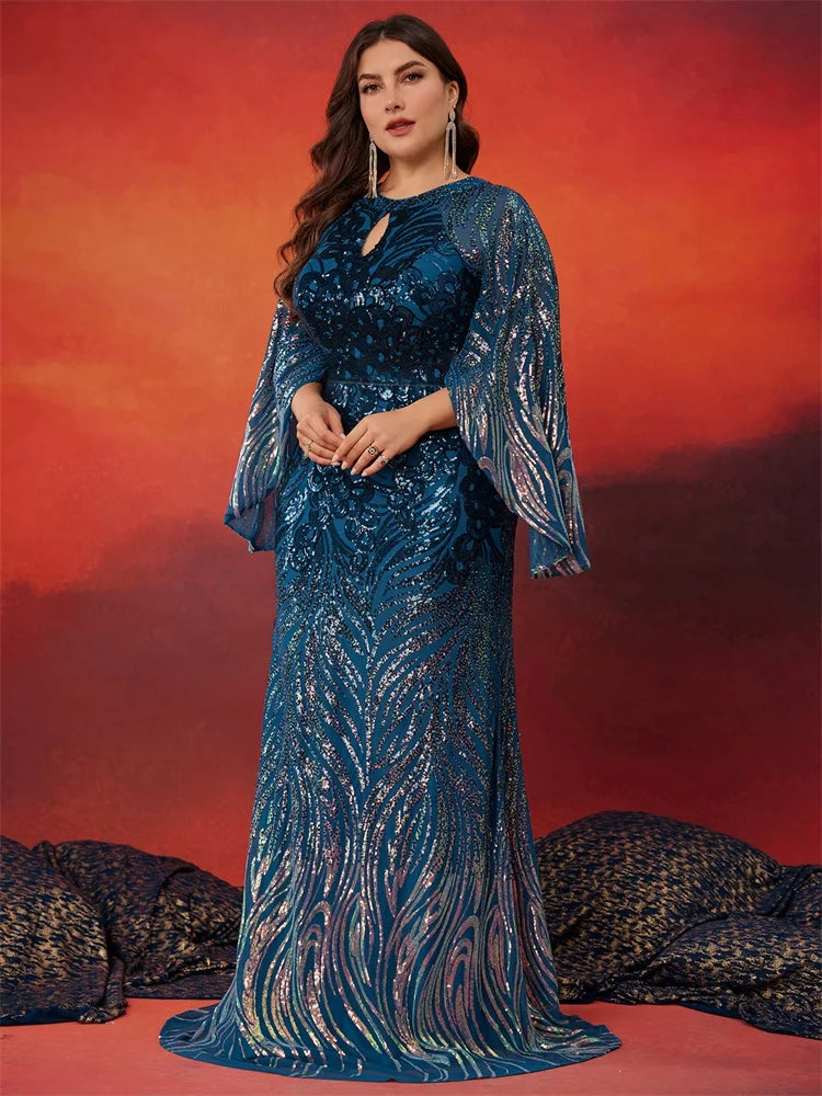 Plus Size Elegant Long Sleeves Sequins Blue Evening Dress