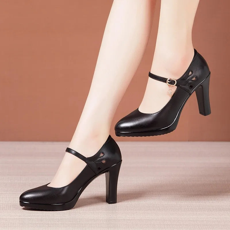 Pointed Toe Platform High Heels Genuine Leather Pump