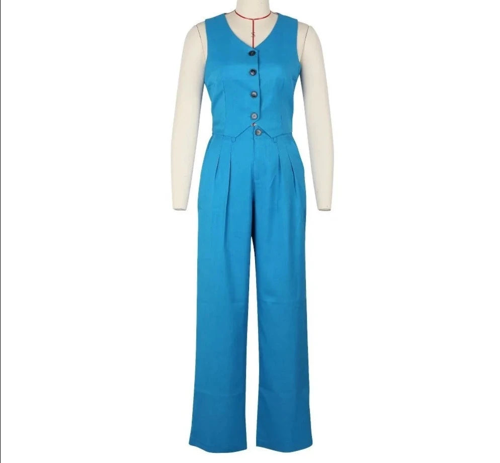 Elegant Wide Leg Pants V Neck Sleeveless Button Top Outfits