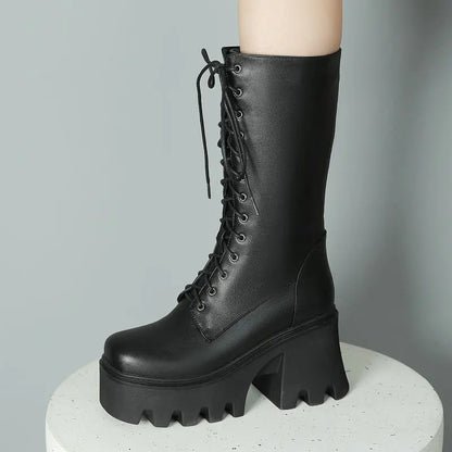 Square Chunky High Heels Lace-up Mid-calf Platform Boots