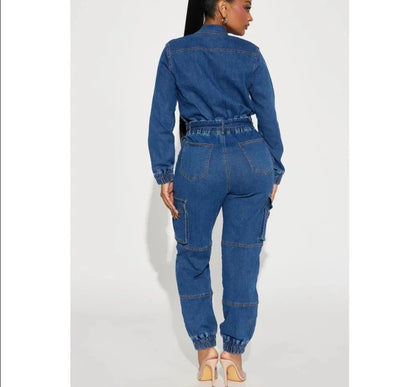 Denim Pockets Cargo Jumpsuits