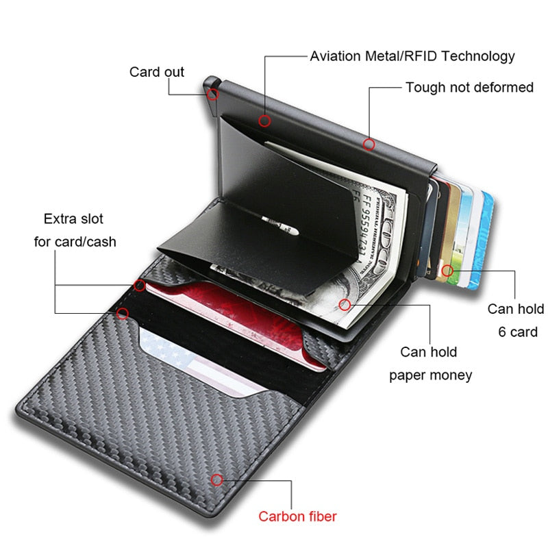 Slim Mini Trifold Leather Carbon Fiber Card Holder for Men (Customizable with Name)