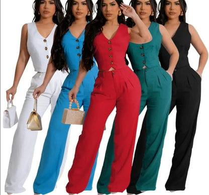 Elegant Wide Leg Pants V Neck Sleeveless Button Top Outfits