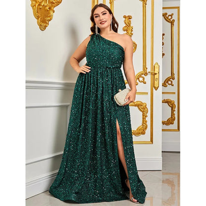 Plus Size One Shoulder Sequined Evening Gown