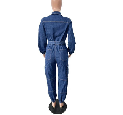 Denim Pockets Cargo Jumpsuits