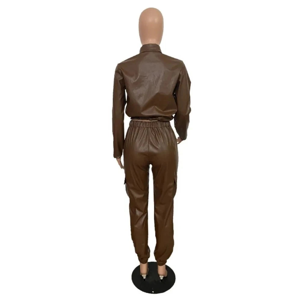 Fashion PU Leather Cargo Pants Two Piece Set