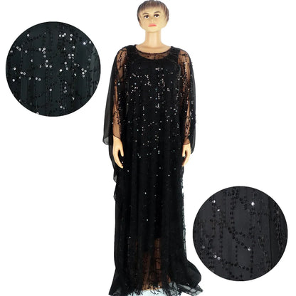 Solid Sequins Decoration Chiffon Fabric Loose Robe With Stretch Long Vest Dress