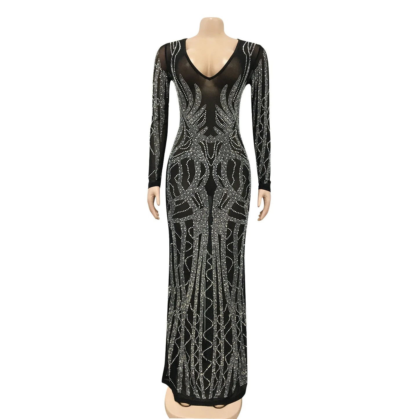 Mesh See-through V-neck Hot Rhinestones Bodycon Maxi Dress