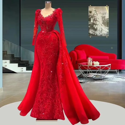 Dubai Luxury Long Sheer Neck With Detachable Train Modest Full Sleeves Beading Lace Prom Gown