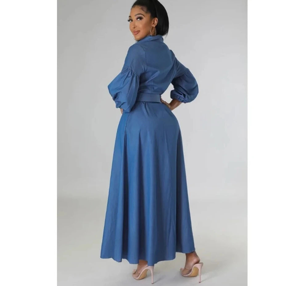 Belt A-line Turndown Collar Button Long Sleeve Mid Dress