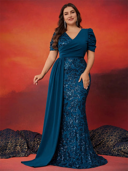 Plus Size Elegant V-neck Sequins Formal Luxury Dress