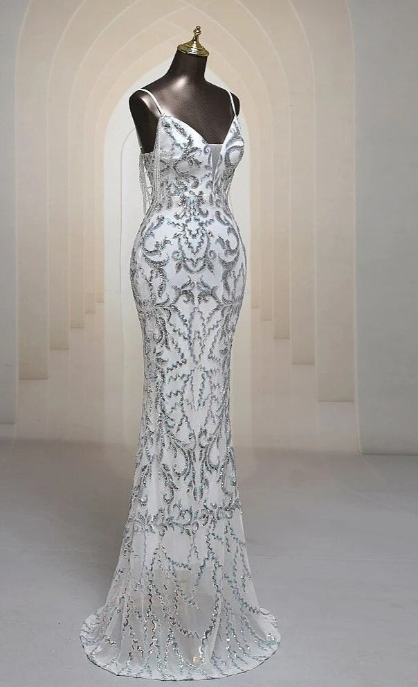 Sexy shoulder beading silver Mermaid Evening dress