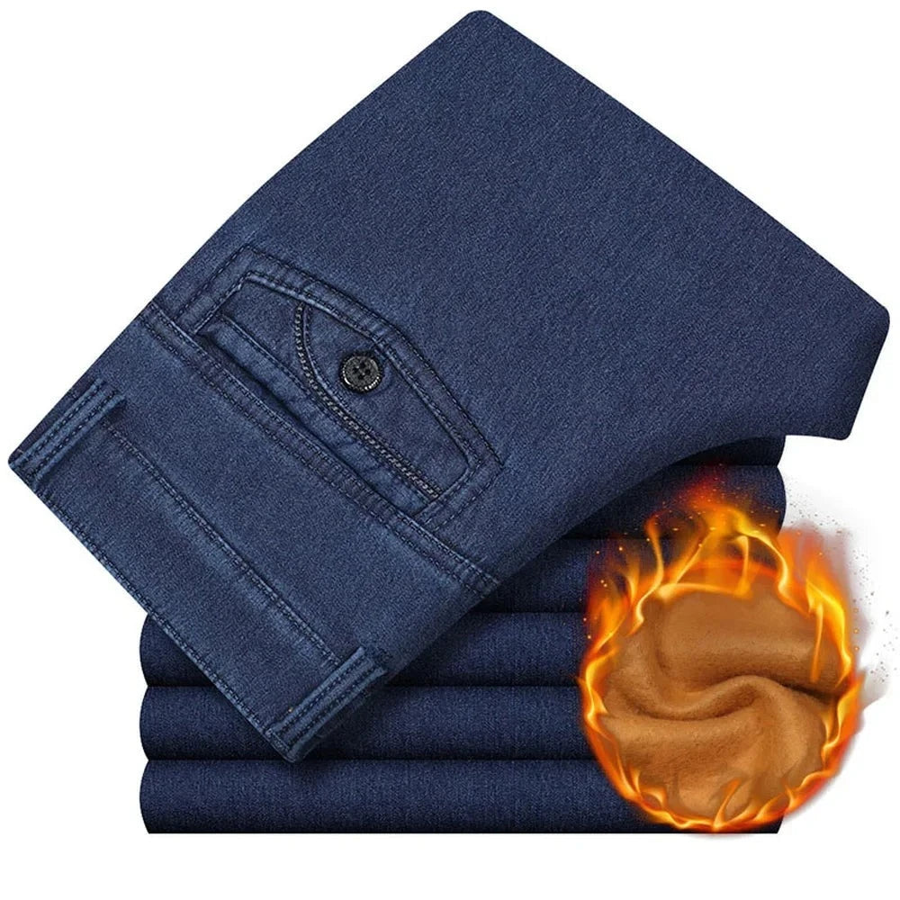 Classic High Quality Thick Fleece Warm Elastic Denim Pant