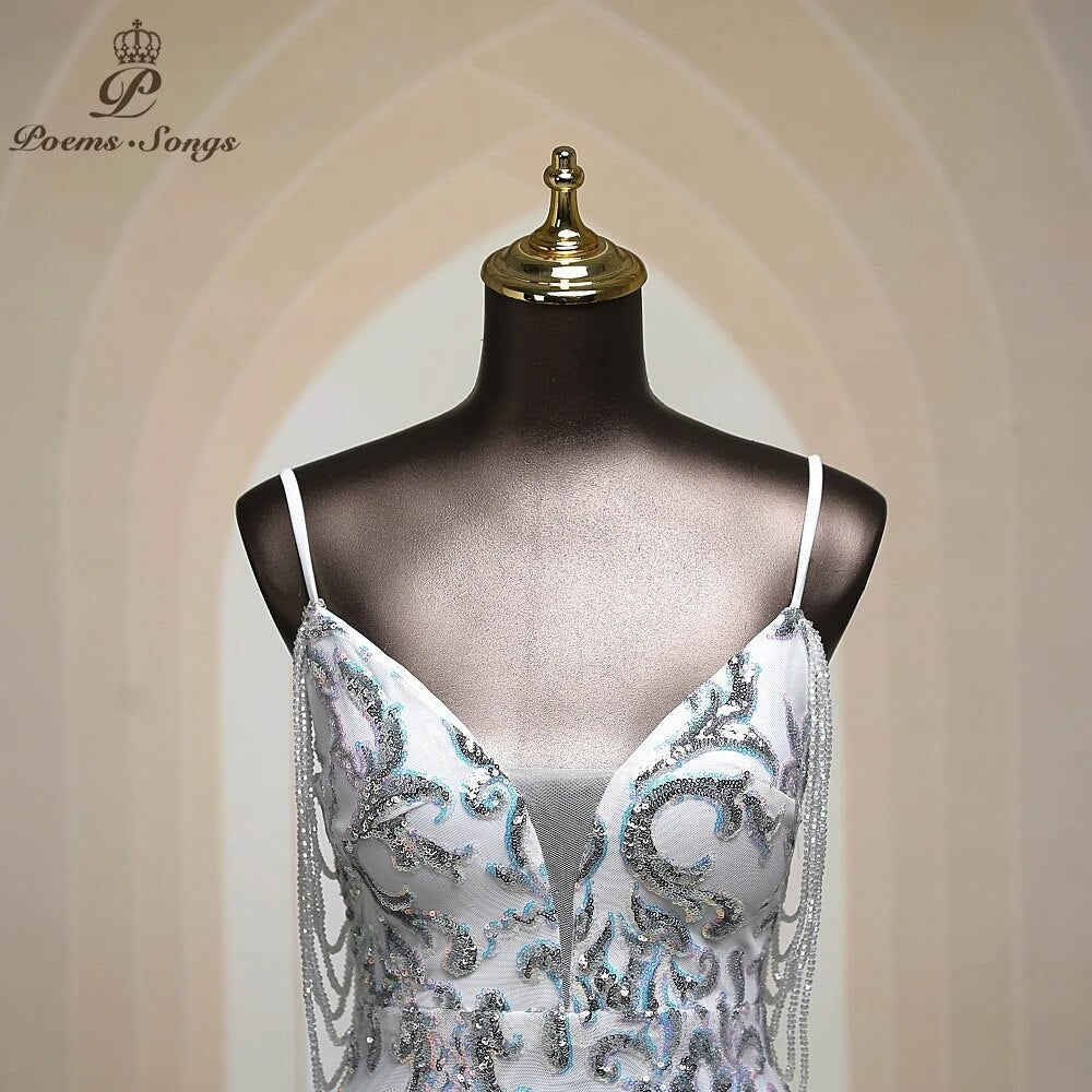 Sexy shoulder beading silver Mermaid Evening dress